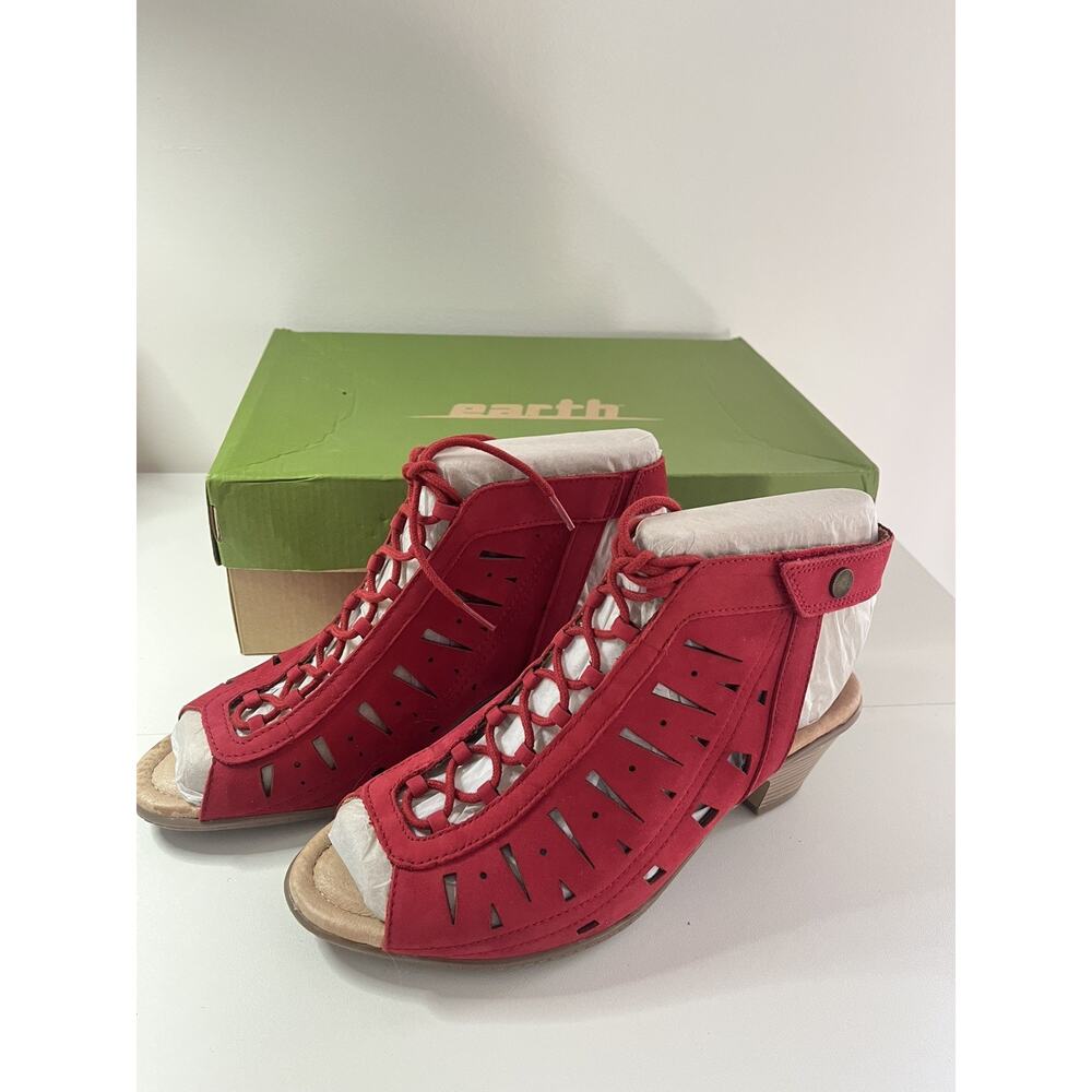Earth Sandals Womens 8.5B Ankle Bootie Red Lace Up Open Toe Block Heel Casual